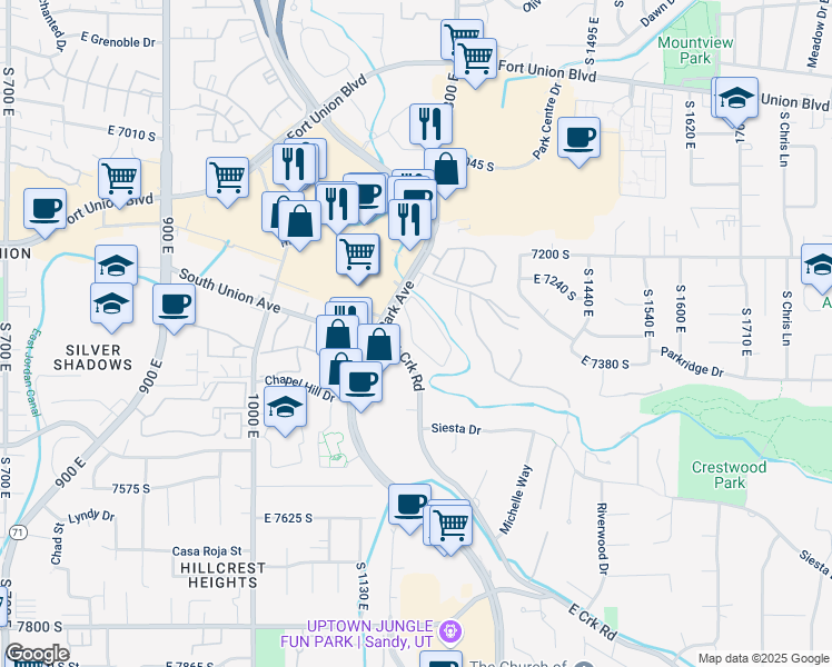 map of restaurants, bars, coffee shops, grocery stores, and more near 1205 East Waterside Cove in Cottonwood Heights