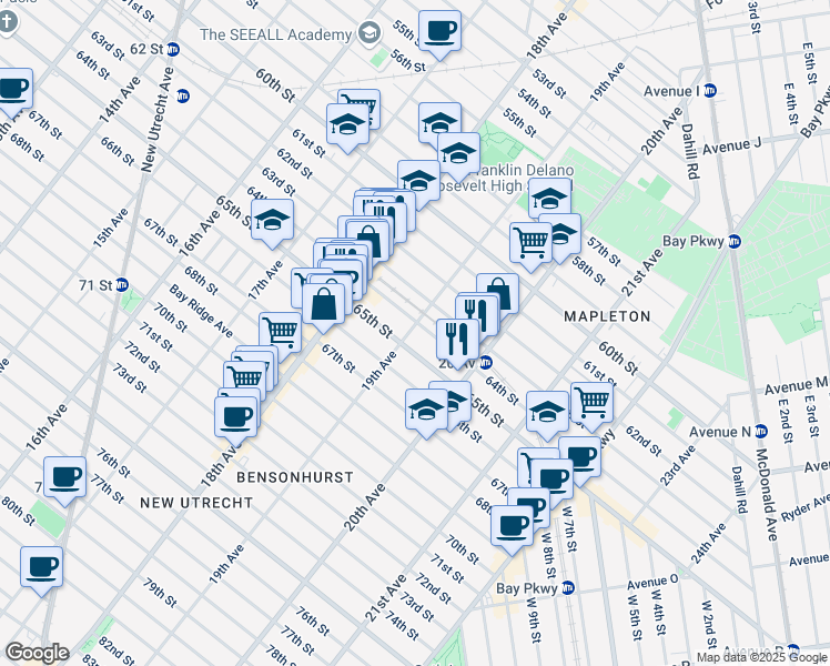 map of restaurants, bars, coffee shops, grocery stores, and more near 6409 19th Avenue in Brooklyn