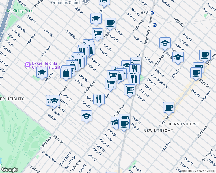 map of restaurants, bars, coffee shops, grocery stores, and more near 1457 Bay Ridge Parkway in Brooklyn