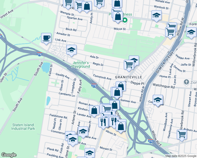map of restaurants, bars, coffee shops, grocery stores, and more near 106 Comstock Avenue in Staten Island