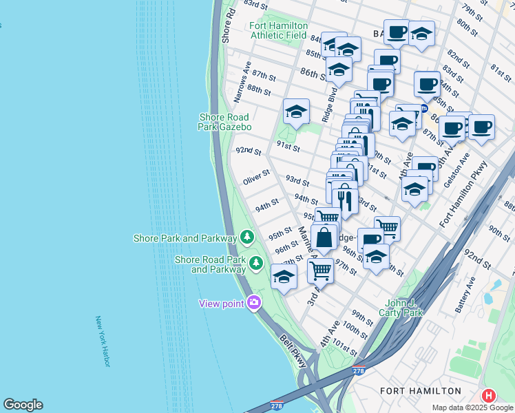 map of restaurants, bars, coffee shops, grocery stores, and more near 9323 Shore Road in Brooklyn