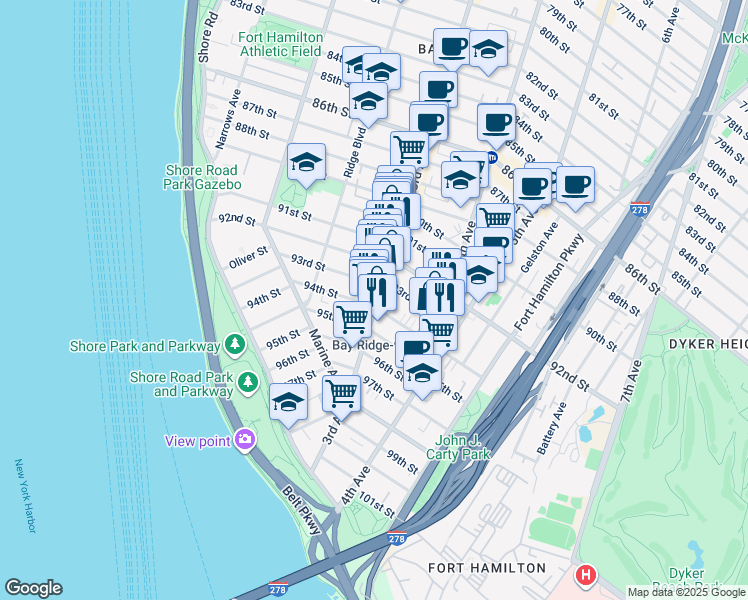 map of restaurants, bars, coffee shops, grocery stores, and more near 9322 3rd Avenue in Brooklyn