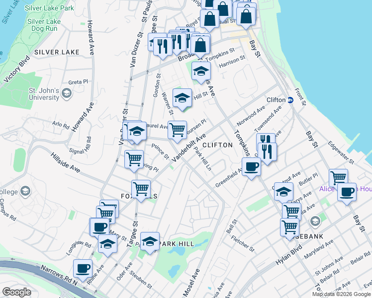 map of restaurants, bars, coffee shops, grocery stores, and more near 274 Vanderbilt Avenue in Staten Island