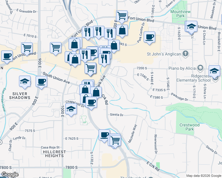 map of restaurants, bars, coffee shops, grocery stores, and more near 7302 Milne Garden Circle in Cottonwood Heights