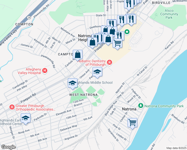 map of restaurants, bars, coffee shops, grocery stores, and more near 1500 Pacific Avenue in Natrona Heights