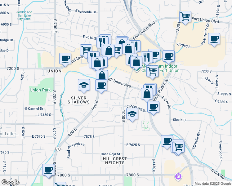map of restaurants, bars, coffee shops, grocery stores, and more near 925 Creekhill Lane in Midvale