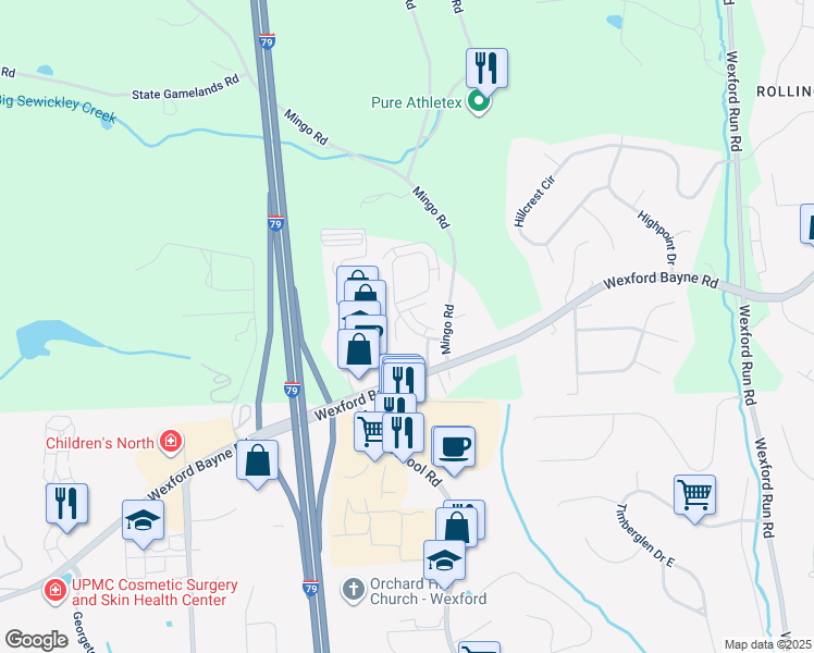 map of restaurants, bars, coffee shops, grocery stores, and more near 310 Marshall Heights Drive in Wexford