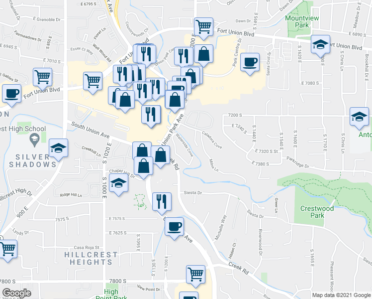 map of restaurants, bars, coffee shops, grocery stores, and more near 7302 Milne Garden Circle in Cottonwood Heights