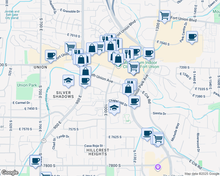 map of restaurants, bars, coffee shops, grocery stores, and more near 994 South Union Avenue in Midvale