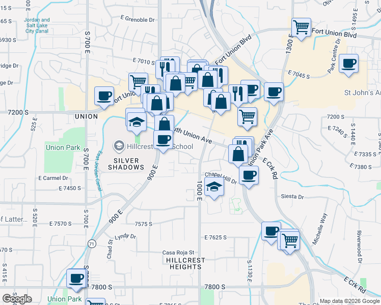 map of restaurants, bars, coffee shops, grocery stores, and more near 957 Creekhill Lane in Midvale