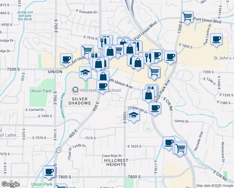 map of restaurants, bars, coffee shops, grocery stores, and more near 957 Creekhill Lane in Midvale