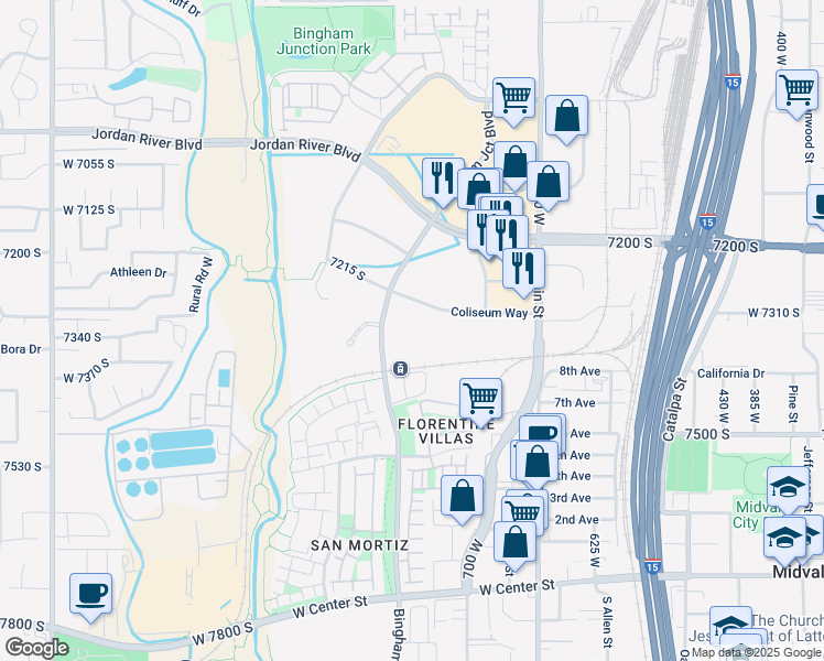 map of restaurants, bars, coffee shops, grocery stores, and more near 7302 Bingham Junction Boulevard in Midvale
