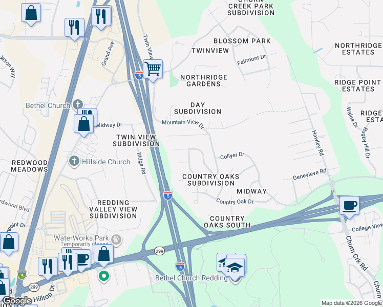 map of restaurants, bars, coffee shops, grocery stores, and more near 7165 Terra Linda Way in Redding