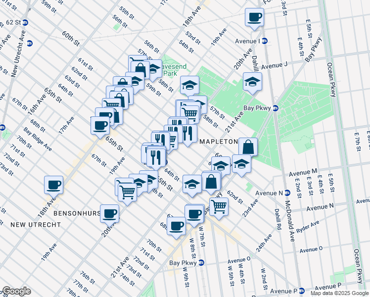 map of restaurants, bars, coffee shops, grocery stores, and more near 2018 61st Street in Brooklyn
