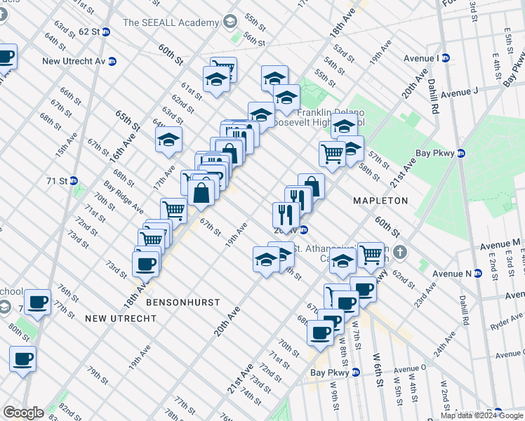 map of restaurants, bars, coffee shops, grocery stores, and more near 1881 64th Street in Brooklyn