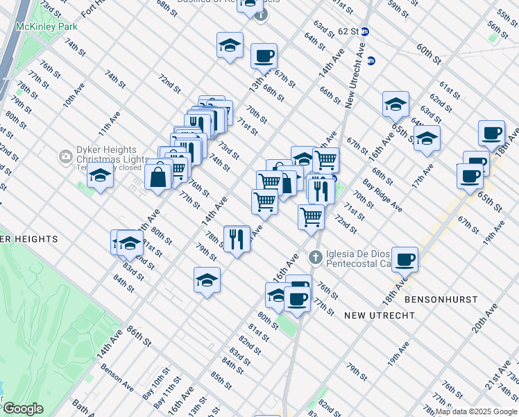 map of restaurants, bars, coffee shops, grocery stores, and more near 1437 Bay Ridge Parkway in Brooklyn