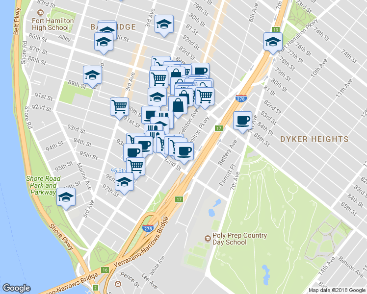 map of restaurants, bars, coffee shops, grocery stores, and more near 8852 Fort Hamilton Parkway in Brooklyn