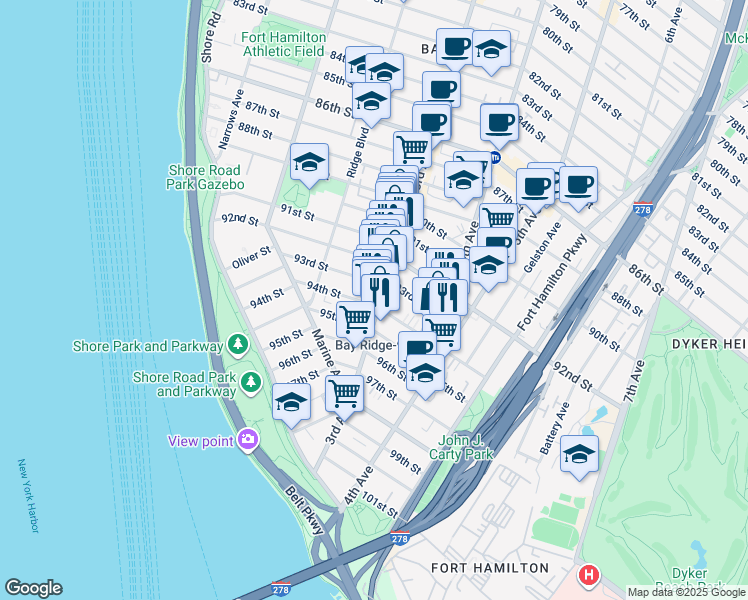 map of restaurants, bars, coffee shops, grocery stores, and more near 260 93rd Street in Brooklyn