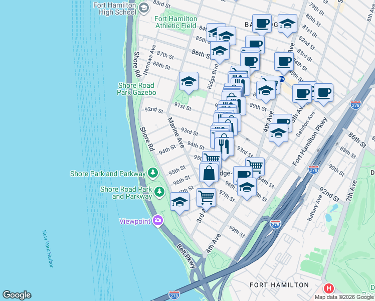 map of restaurants, bars, coffee shops, grocery stores, and more near 76 94th Street in Brooklyn
