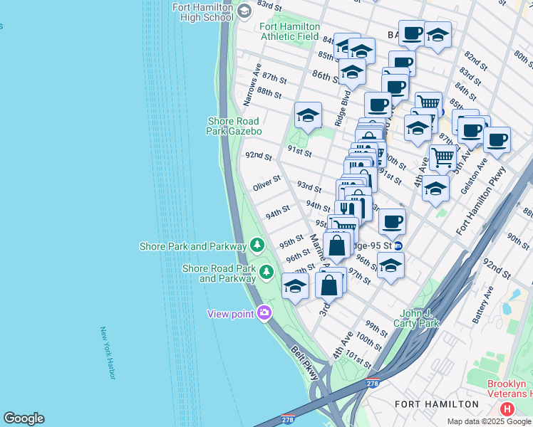 map of restaurants, bars, coffee shops, grocery stores, and more near 26 93rd Street in Brooklyn