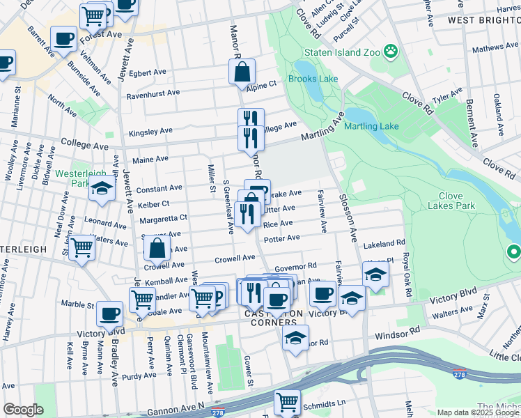 map of restaurants, bars, coffee shops, grocery stores, and more near 390 Manor Road in Staten Island