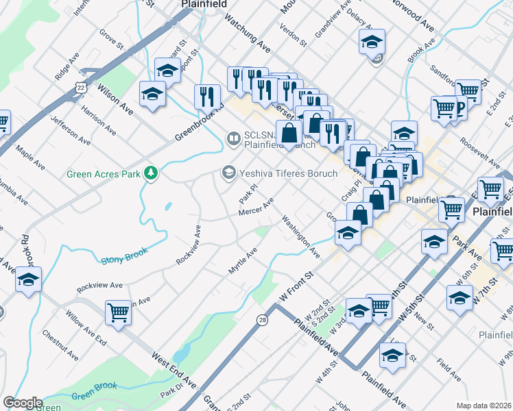 map of restaurants, bars, coffee shops, grocery stores, and more near 107 Park Place in North Plainfield