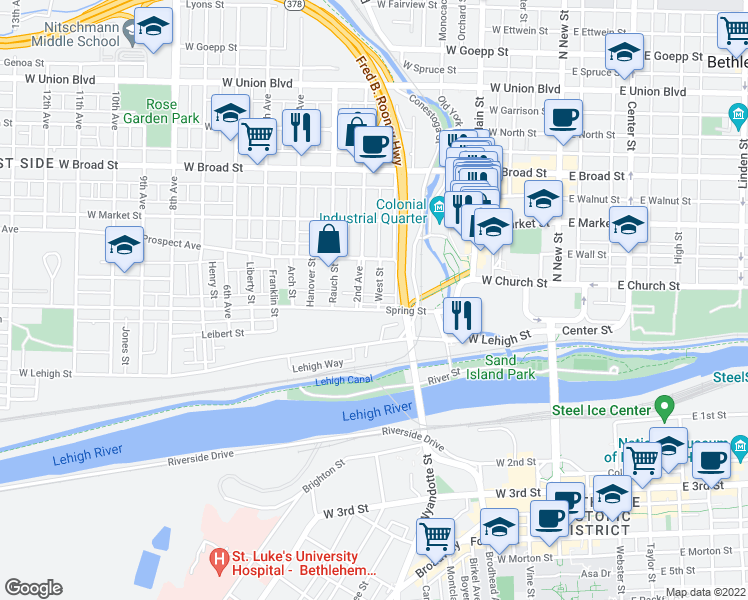 map of restaurants, bars, coffee shops, grocery stores, and more near 320 2nd Avenue in Bethlehem