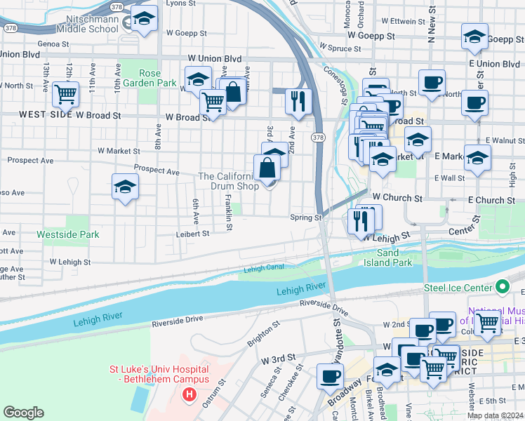 map of restaurants, bars, coffee shops, grocery stores, and more near 317 Rauch Street in Bethlehem