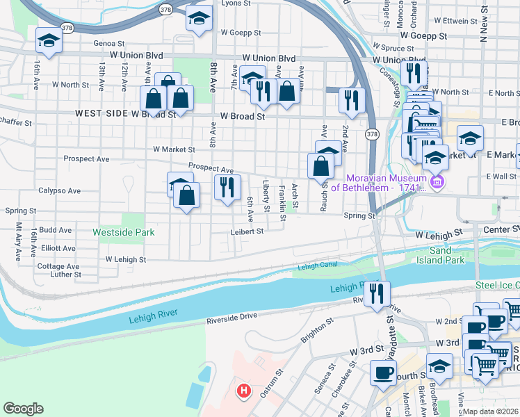 map of restaurants, bars, coffee shops, grocery stores, and more near 318 Liberty Street in Bethlehem