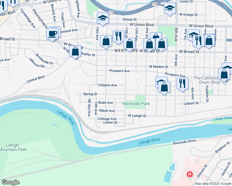 map of restaurants, bars, coffee shops, grocery stores, and more near 1502 Spring Street in Bethlehem