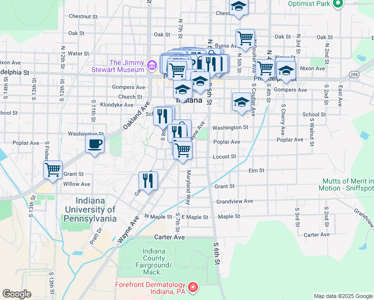 map of restaurants, bars, coffee shops, grocery stores, and more near 2 Park Place in Indiana