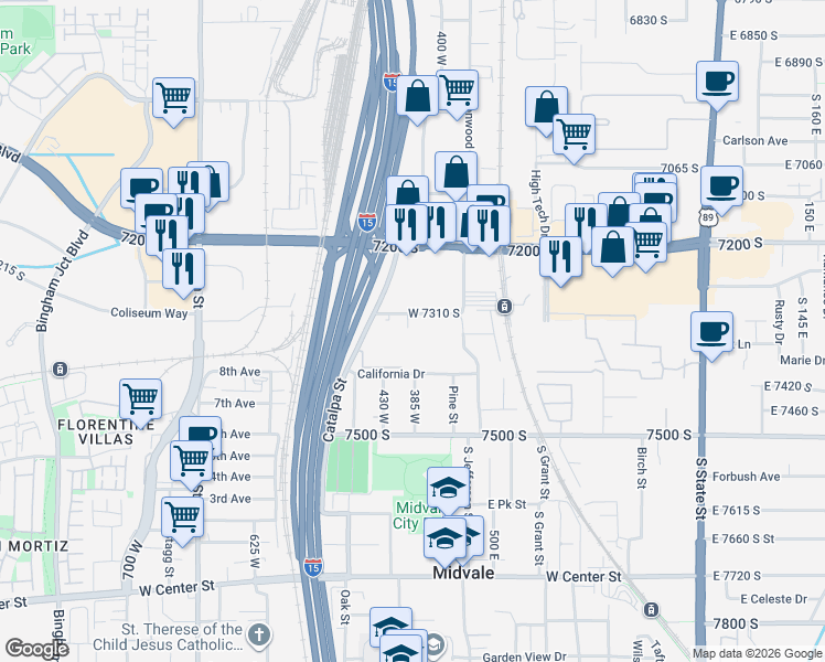 map of restaurants, bars, coffee shops, grocery stores, and more near in Cottonwood Heights