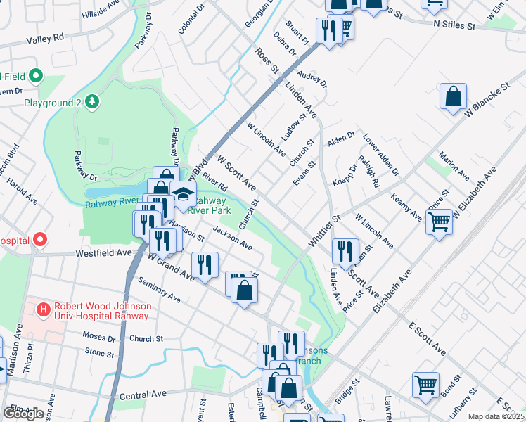 map of restaurants, bars, coffee shops, grocery stores, and more near 578 West Scott Avenue in Rahway