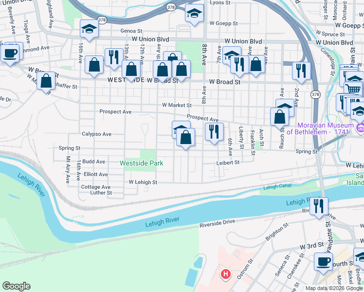 map of restaurants, bars, coffee shops, grocery stores, and more near 1021 Calypso Avenue in Bethlehem