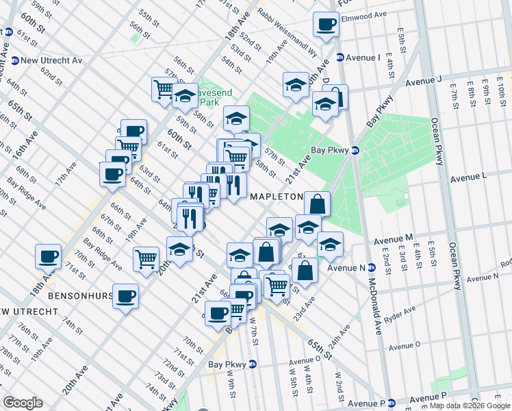 map of restaurants, bars, coffee shops, grocery stores, and more near 2068 60th Street in Brooklyn