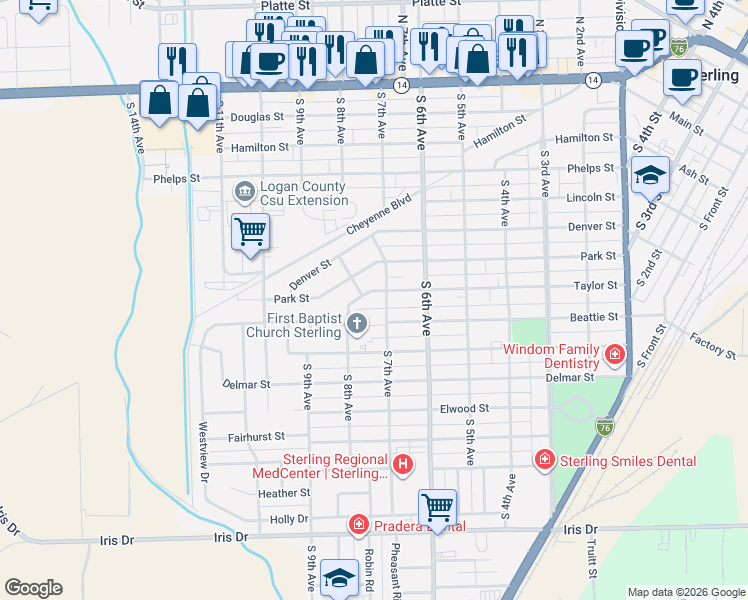 map of restaurants, bars, coffee shops, grocery stores, and more near 716 Taylor Street in Sterling