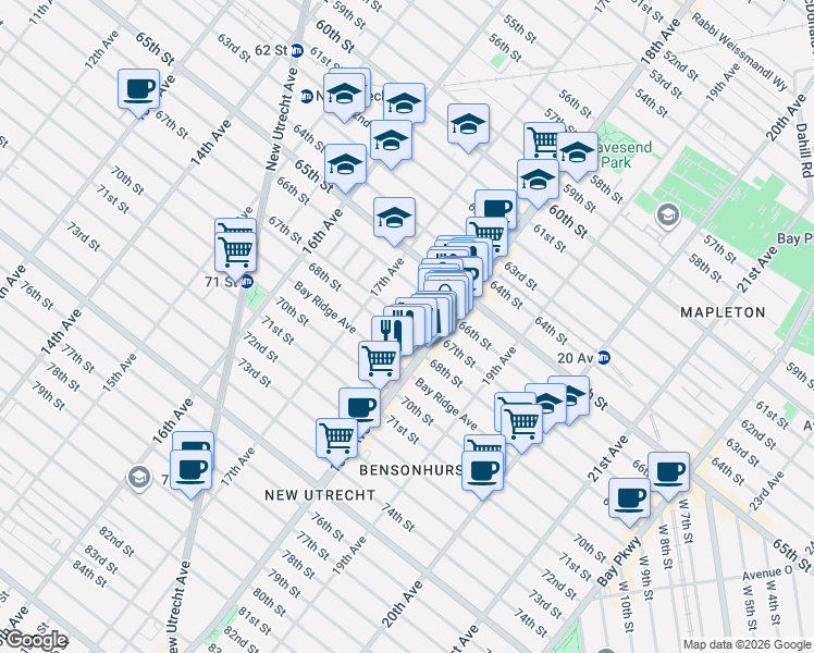 map of restaurants, bars, coffee shops, grocery stores, and more near 1751 67th Street in Brooklyn