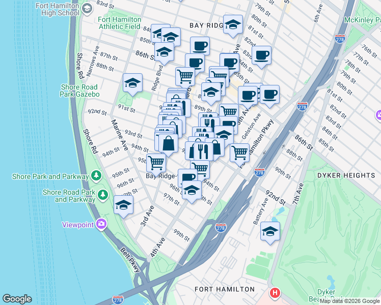 map of restaurants, bars, coffee shops, grocery stores, and more near 368 92nd Street in Brooklyn