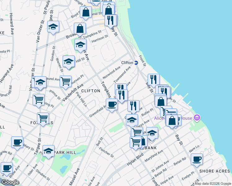 map of restaurants, bars, coffee shops, grocery stores, and more near 130 Townsend Avenue in Staten Island