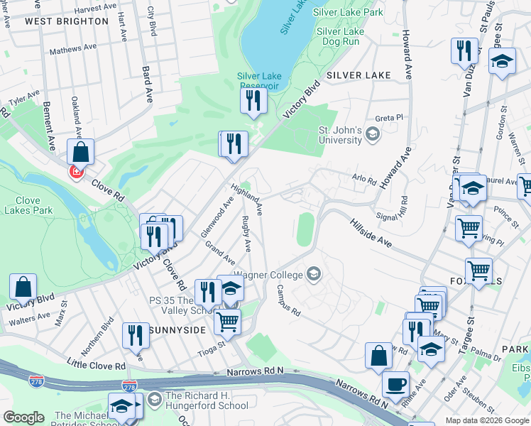 map of restaurants, bars, coffee shops, grocery stores, and more near 75 Highland Avenue in Staten Island