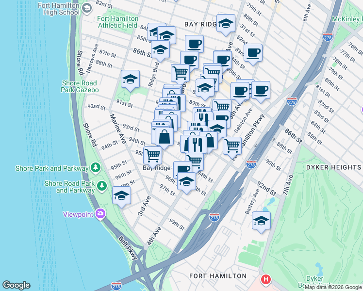 map of restaurants, bars, coffee shops, grocery stores, and more near 343 93rd Street in Brooklyn