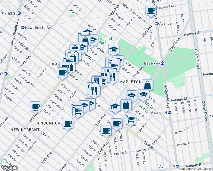 map of restaurants, bars, coffee shops, grocery stores, and more near 2018 61st Street in Brooklyn