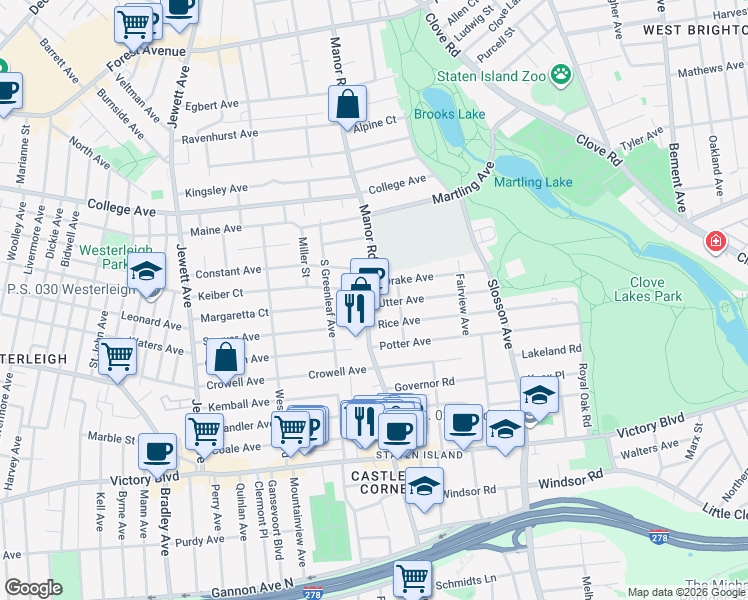 map of restaurants, bars, coffee shops, grocery stores, and more near 390 Manor Road in Staten Island