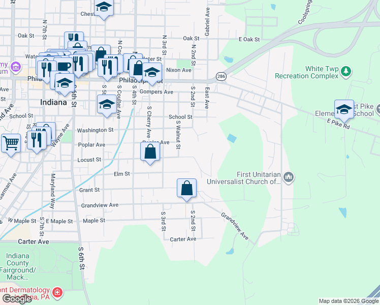 map of restaurants, bars, coffee shops, grocery stores, and more near 349 South Walnut Street in Indiana