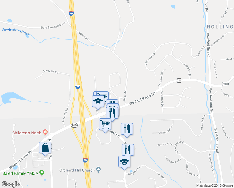 map of restaurants, bars, coffee shops, grocery stores, and more near 314 Marshall Heights Drive in Wexford