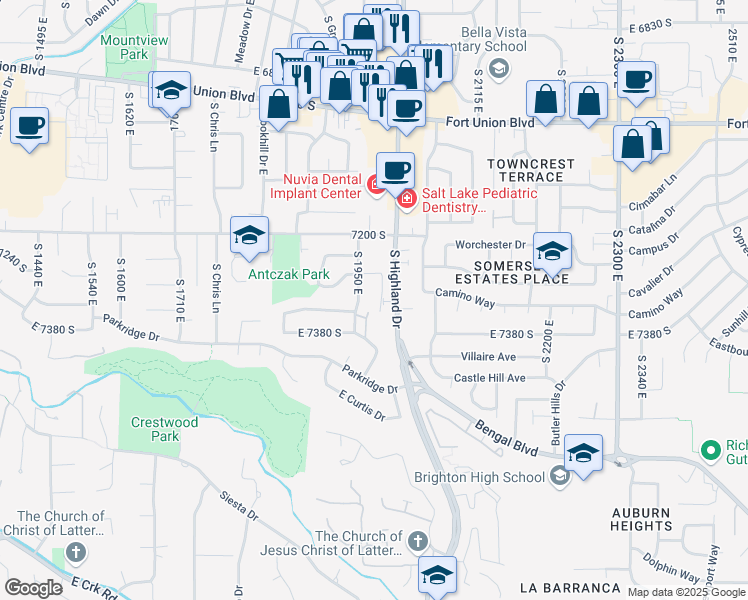 map of restaurants, bars, coffee shops, grocery stores, and more near 7265 South 1950 East in Cottonwood Heights