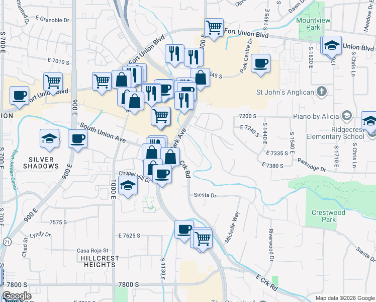 map of restaurants, bars, coffee shops, grocery stores, and more near 1205 East Waterside Cove in Midvale