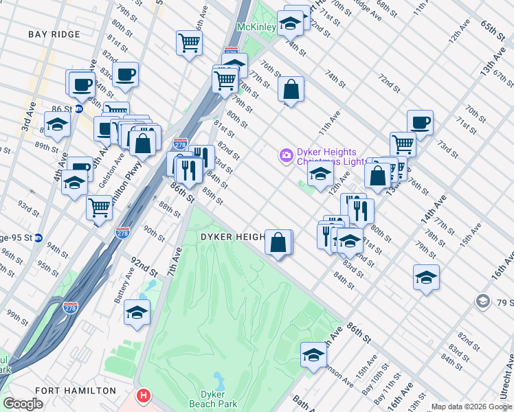 map of restaurants, bars, coffee shops, grocery stores, and more near 1067 84th Street in Brooklyn