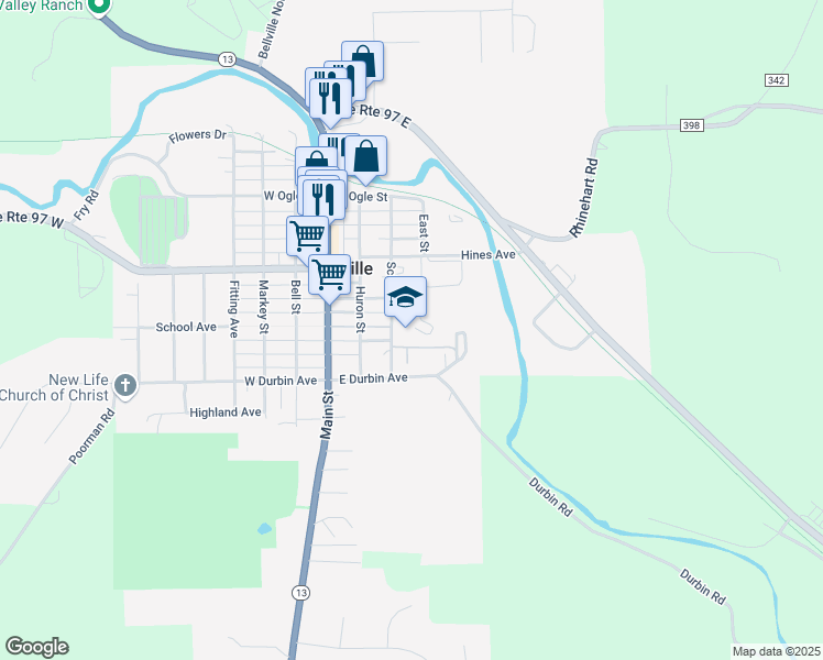 map of restaurants, bars, coffee shops, grocery stores, and more near 195 School Street in Bellville