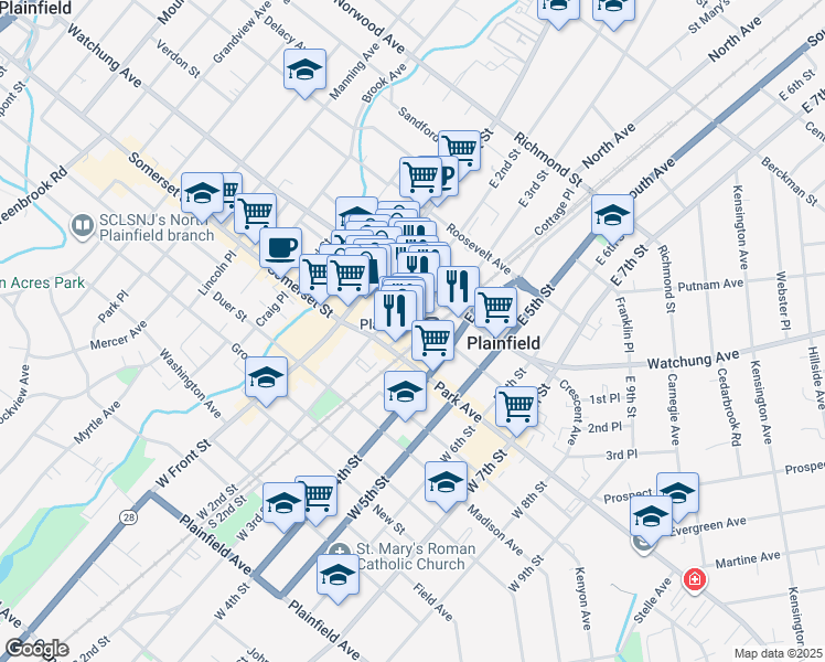 map of restaurants, bars, coffee shops, grocery stores, and more near in Plainfield
